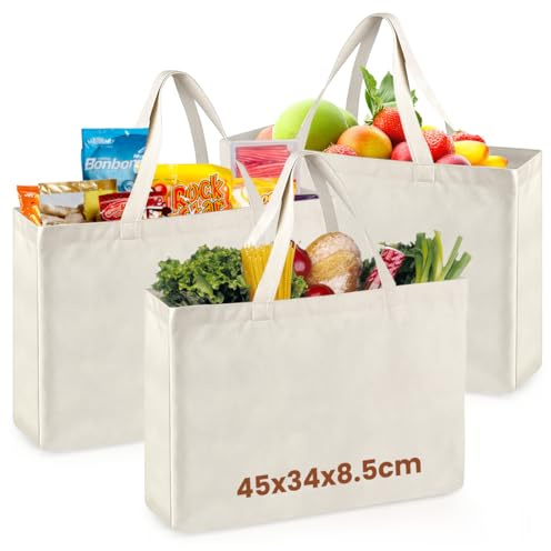 VGECEE Borsa in Cotone 45x 35x 8cm, 3 Pezzi Borsa Shopper Donna con Piega Laterale e Fondo Grandi Borse della Spesa Borse in Tela di Cotone Riutilizzabile Tote Bag Manici Lunghi per Sport, Spiaggia