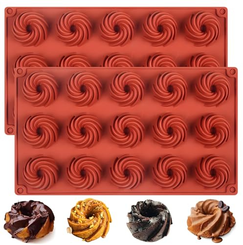 Silikon-Gugelhupfform 15 Mulden Mini-Spiralkuchenform 2er-Pack | 29,2 x 16,8 cm, Terrakotta-Farbe, Für Schokolade & Kuchen, Antihaft-Silikon, Einfaches Herauslösen