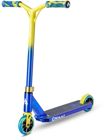 Chilli Pro | All Star Jumpstart Scooter | Premium Stunt Scooter for Beginners to Intermediate Riders | Ages 5+ | Universal HIC Compression | Blue/Yellow | Size: Small