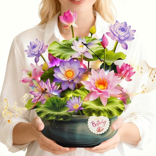 WUJUN Birthday Cards with Music & Lights, Pop Up Happy Birthday Card, Water Lily & Lotus, 10 Inch Life Sized Forever Flower Bouquet Gifts for Wife Mom Grandma Women Daughter