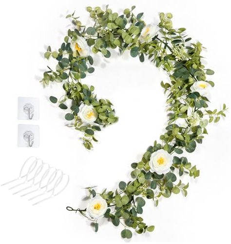BaiMoure 6ft Artificial Eucalyptus Garland with 6 White Roses, [Hooks & Ties Included] Decorative Leaves Greenery Vines for Wedding Arch, Table Runner, Fireplace, Home Decor (1 Pack)