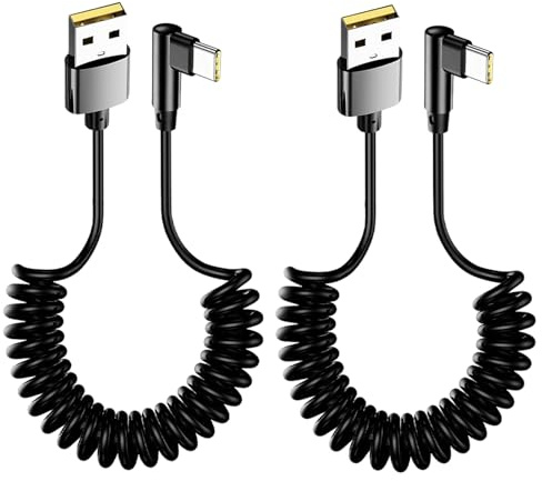 Bpzmm 2 Piezas Cable USB C Espiral Corto 0.4M-1M, Cable USB a USB C Espiral 90 Grados en ángulo para Galaxy S24, S23, S22 y compatible con Huawei y Android