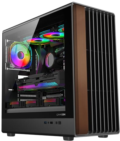 GAMEON TIMBER Midnight Series ARGB Gaming Case – Mid Tower | 7× Pre-Installed ARGB+PWM Fans | Wood-Texture Panels | 3mm Tempered Glass | ATX/M-ATX/ITX Support | 420mm GPU Compatibility – Wood/Black
