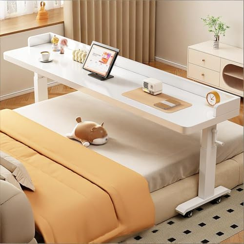 Höhenverstellbarer Computertisch Mit Handkurbel, Betttisch Auf Rollen Mit 360°, Robuster Laptoptisch Für Krankenhaus Und Zuhause(White3,240cm/94.4in)