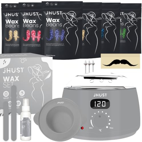 JHust Waxing Set, Heißwachsgerät mit 600g Wachsperlen - Wachswärmer Set mit After Wax Spray, Wachsgerät zur Haarentfernung, 6 x 100 g Wachsbohnen, Zubehör für Gesicht, Körper & Intimbereich (Grau)