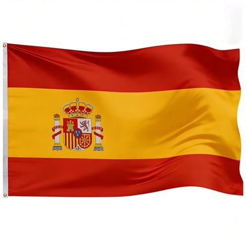 HOMAVEL Bandiera Spagna 90 x 150 cm, bandiera Spagna resistente in poliestere con occhielli in ottone a doppio lato, ideale per partite di calcio, sostenitori, sfilate e decorazioni esterne.