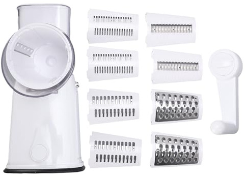 Oreilet Rallador Queso Giratorio con Manivela, Cortador Verduras Cocina con 10 Cuchillas Intercambiables, Picador Alimentos Vegetales Mano para Zanahorias, Patatas, Pepino, Nueces