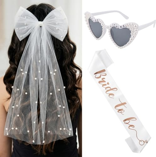 Aitsite 3 Stück Jga Accessoires Frauen, Weiß Bride to Be Schärpe, Perle Herz Sonnenbrille, Bogen Schleier Braut, JGA Deko Frauen für Junggesellenabschied Brautparty und Hochzeitsfotografie