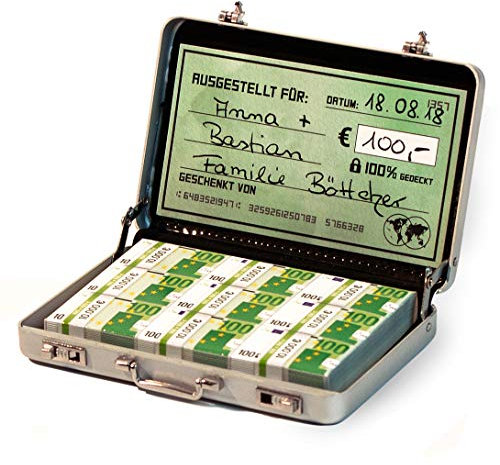 Chroma Products Geldkoffer als Geldgeschenk oder für Gutscheine - Mini Aktenkoffer aus Aluminium mit Schnappverschluss, Geldstapel und Grußkarte - Ideal auch für Hochzeitsgeschenke