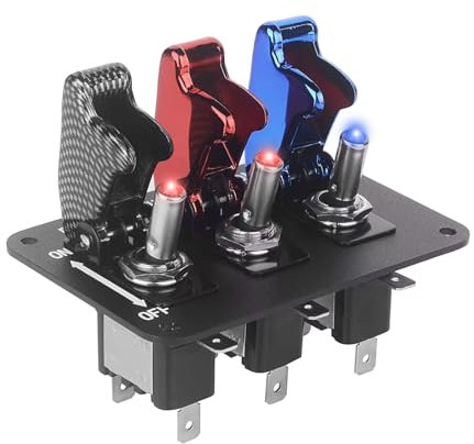 Pannello con 3 interruttori a levetta, 12 V, per auto da corsa, in fibra di carbonio, colore: rosso e blu