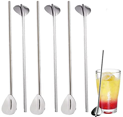 LHKJ 6 Stück Strohhalme Löffel, Wiederverwendbare Strohhalmlöffel Cocktail Latte Macchiato Löffel, Strohhalm Edelstahl mit Löffel für Smoothies Milchshakes Cocktail Kaffee Silber