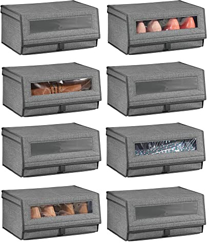 mDesign 8er-Set Schuhaufbewahrung aus Stoff – stapelbare Schuhbox mit Sichtfenster, Klettverschluss und Klappdeckel – große Aufbewahrungsbox für den Schrank oder das Regal – grau