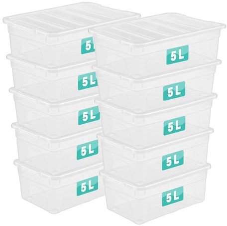 10 x 5 Litre Clear Plastic Storage Box With Lids UK BRITISH MADE Home Office Stackable Nestable Transparent Plastic Boxes, Size 5,11,24,28,35,45,62 Litre (10 Boxes, 5 Ltre)