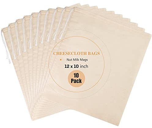 Chielor 10 Pack Nut Milk Bag, 10‘’ x 12‘’ Fine Mesh Grade Reusable Cheesecloth Bags Strainers, Unbleached Organic Cotton Filter Bags for Almond Milk, Juices, ColdBrew, Cheese, Tea, Yogurt, Coffee