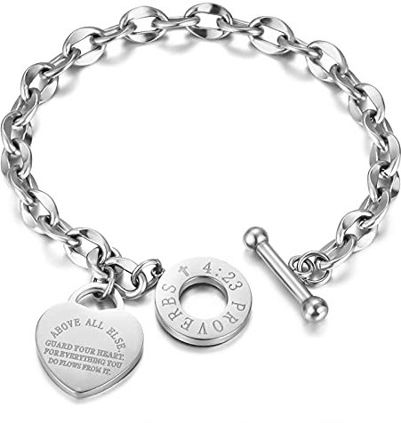 Emibele Armband mit Gravur, Edelstahl Gliederarmkette mit Herzanhänger & OT Schnalle für Damen Mädchen, Gliederkette Schmuck mit Bibelversen Sprüche 4:23 - Silber