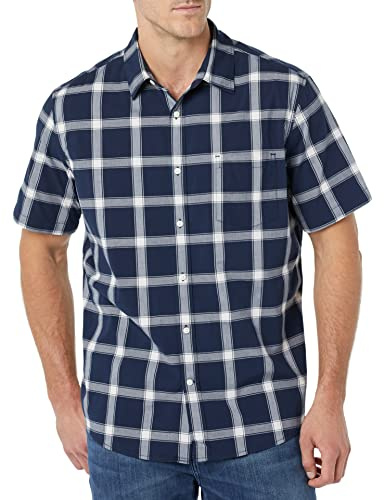 Amazon Essentials Chemise en Popeline Extensible à Manches Courtes (Grandes Tailles Disponibles) Homme, Bleu Marine Blanc Carreaux Lainés, L