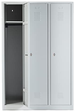 Schrank & Stuhl Spind – Metallspind mit 3 Abteilen in 180 x 120 x 50 cm, Schließfachschrank mit Hutboden & Drehriegelverschlüssen, Lieferung komplett montiert, Grau