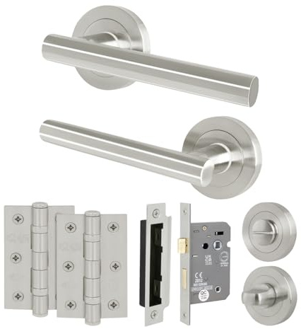 EAI Antique Brass Door Handles with Bathroom Lock, Hinges - Oliena | Complete Bathroom Kit with 1 Pair of T-Bar Door Handles, Bathroom Lock, 76mm Hinges and Thumb Turn Set, Fixings Included