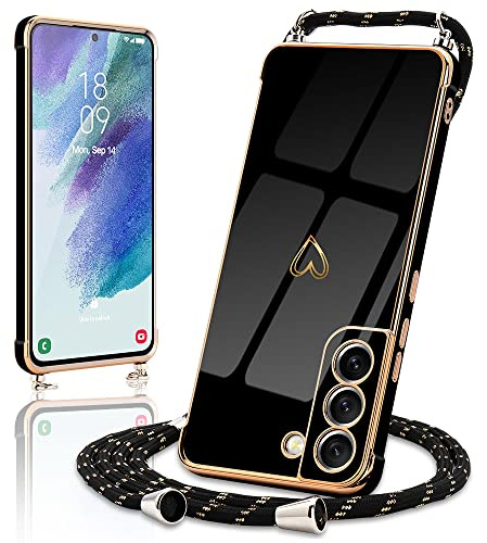 Micoden Handykette für Samsung Galaxy S21 FE 5G Hülle mit Band Herz | Necklace Handyhülle Kameraschutz Herz Love Design Slim Galvanik Silikon TPU Case Kordel zum Umhängen Schutzhülle, Schwarz