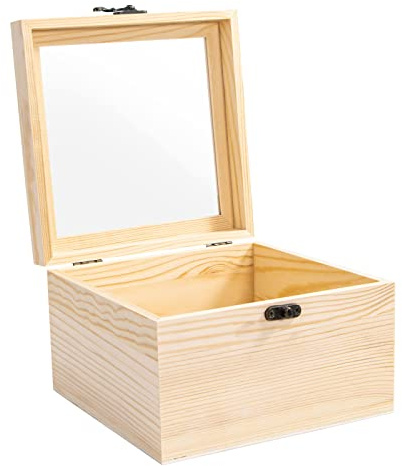 Useekoo Boîte de présentation en bois brut avec couvercle à charnière en verre, 20 x 19 x 12 cm, petite boîte de rangement en bois pour objets de collection, bijoux, cadeaux et décorations d'intérieur