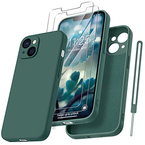 Qasyfanc Handyhülle für iPhone 13 Hülle mit 2 Stück Hartglas Schutzfolie, Silikon Case Ultra Dünn Microfiber Kameraschutz Rundumschutz Anti-Kratzer Handyhülle für iPhone 13 6.1''-Dunkelgrün