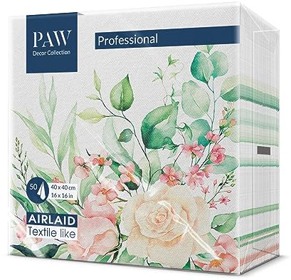 PAW Serviette de Table Papier - Airlaid (40 x 40 cm) I Fleurs, Roses I Décoration Anniversair, Mariage, Bapteme Garcon et Fille I Structure en Tissu I Color: Floral Moments