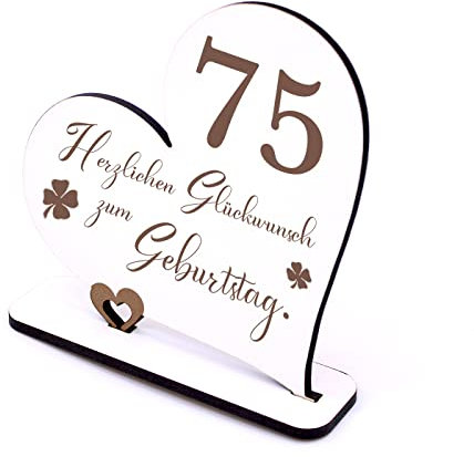 Dekolando 75 Jahre Deko Herz Aufsteller 15cm x 15cm - Geburtstag 75er weiß Holz Tischdeko zum verschenken