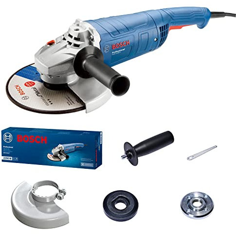 Bosch Professional Corded Angle Grinder GWS 2200 P (230 V, disc Diameter 230mm, 2,200 W Motor, Protection Switch, Auxiliary Handle, Protective Guard, Two-Hole Spanner, Backing Flange and Locking nut)