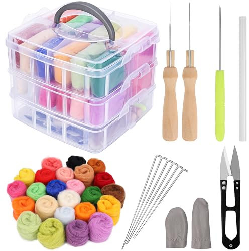 BELLE VOUS Nadelfilz Set für Anfänger mit Aufbewahrungsbox - Wolle zum Filzen in 24 Farben & Filzwerkzeuge - 5 g/Farbe - Filzen Starterset für DIY-Filzen & Handgesponnene Bastelprojekte