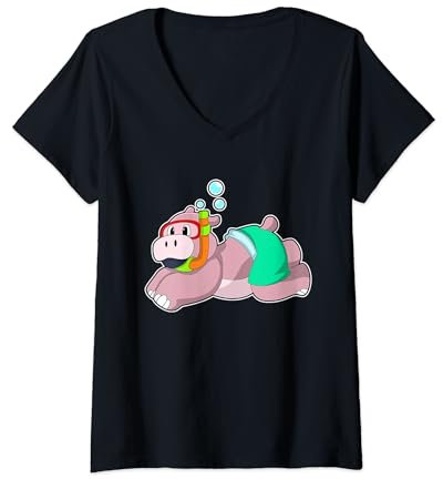 Damen Nilpferd Taucher Schnorchel Tauchen T-Shirt mit V-Ausschnitt