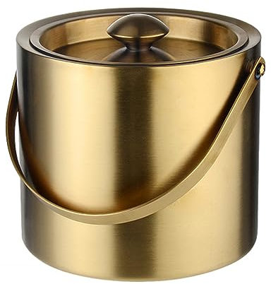 HMAKGG Cubitera de Acero Inoxidable con Tapa, Kitchen Enfriador de Botellas de Vino 2L Cubo de Hielo con asa Conveniente para el champan Que se refresca,Cerveza Refrigerada, Dorada