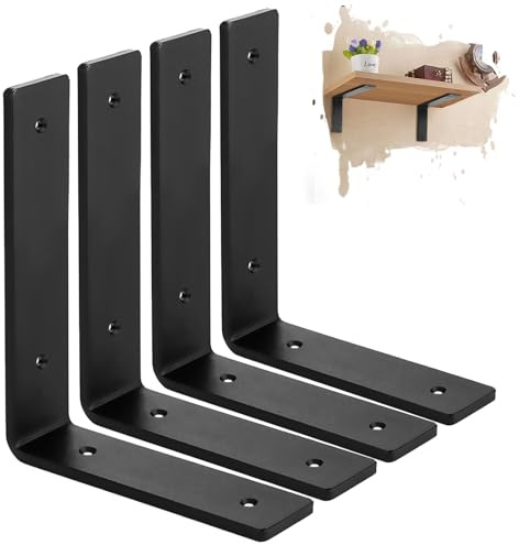 MLOQI 4 Pack Heavy Duty Shelf Brackets, 5mm Thick Scaffold Board L Wall Brackets for Shelves, Black Industrial Shelves Support (6x4/15cm x 10cm)
