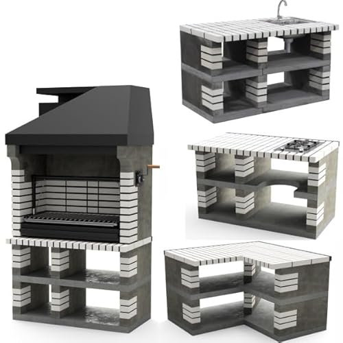 Holzkohle Grillkamin Havanna Schnellbausatz mit Edelstahl V-Grillrost & Aschekasten perfekte Außenküche mit Feuerkasten auch für Stückholz geeignet (Luna Grau, Küche C Maxirost)