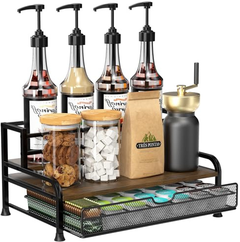 PONEYA Kaffesirap organiserarställ, 3-nivåer 8 flaskor sirap hållare stativ med 35 K kopp kaffekapsellåda, platsbesparande bänkskiva kaffekapselhållare för vin, dressing för kök kafé station