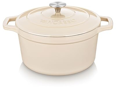 vancasso Forno Olandese in Ghisa Smaltata da 2,36 L con Manopola in Acciaio Inox – Piccola Casseruola Antiaderente per Cottura a Vapore, Cottura al Forno e Arrosto – Colore Crema