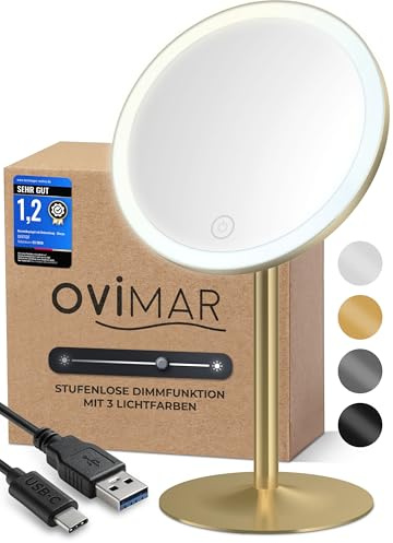 ovimar Kosmetikspiegel Saltum Gold | mit Beleuchtung | wiederaufladbar | freistehend | im Badezimmer | 5fach Vergrößerungsspiegel | Schminkspiegel mit Licht | 360 Grad Spiegel