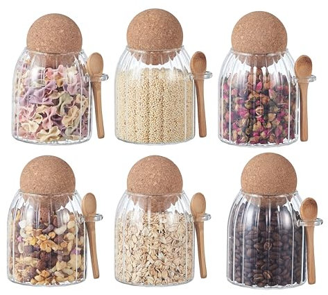 Eden & Willow Clear Glass Kitchen Jar with Cork Ball Lid and Bamboo Spoon | BPA-Free Mason Canister for Coffee, Beans, Spices, Dry Foods (Set of 6, 0.5L, Ribbed)