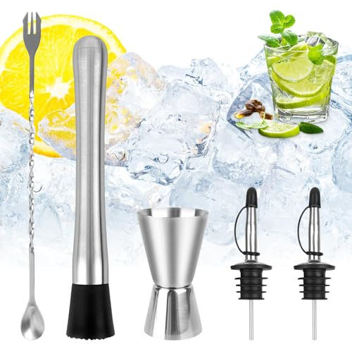 Set di 5 shaker per cocktail e cocktail, in acciaio inox, durevoli strumenti da bar con misurino, cucchiaio, versatore in acciaio inox, pestello, misurino per barman, cucina, bar, ristorante