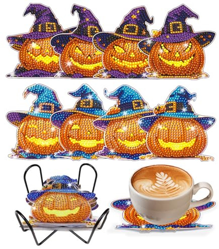 8 Stück Halloween Diamant Kunst Untersetzer Set mit Halter, Kürbis Diamond Painting Serviertablett, Diamond Painting für Tassen, Weingläser, Vasen und Heimküche, Halloween Deko Kinder