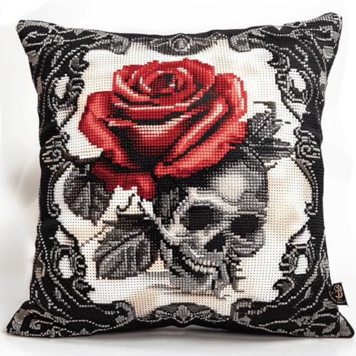 DIY knüpfen set anfänger Rosen und Totenköpfe knüpfkissen mit vordruck Fantasieblumen DIY Knüpfkissen，Überwurfkissen，Matte，Stickerei-Bastelsets für Anfänger mit aufgedrucktem Muster，He 43x43cm