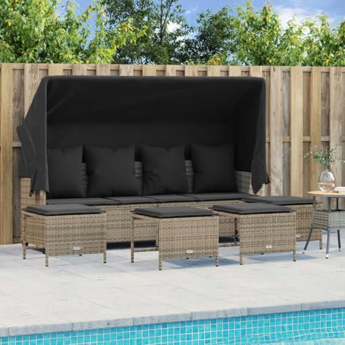 Homgoday 5-TLG. Gartensofa mit Dach & Fußhocker Gartenlounge Balkonmöbel Gartenmöbel Loungemöbel Sitzgruppe Sofagarnitur mit Kissen Ecksofa für Balkon Terrasse Grau Poly Rattan