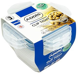 Addis Clip Tight Food Storage Containers 300 ml Square Pack Of 3 Airtight Containers Bpa Free Easy Locking Lid Clips, Clear Transparent