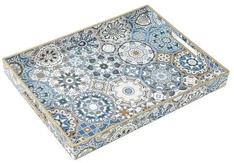 Fuukou Grand plateau de service rectangulaire en plastique avec poignées, plateau de service ottomane bleu bohème pour salon, plateau décoratif pour table basse, 40,6 x 30,5 cm