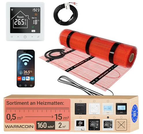 Elektrische Fußbodenheizung Set 2 m²: WLAN-Thermostat, Elektro-Heizmatte | Touchscreen, smarte App & WiFi, Bodenfühler; Flächenheizung 160 W/m², selbstklebend; für Keramikfliesen & Naturstein