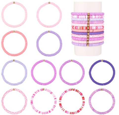 Beadthoven 12 st 6 mm heishi surfararmband set polymerlera pärlarmband stapelbar plast flera lager stretch armband elastisk bohemisk armband för kvinnor flickor