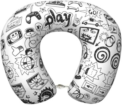 Monochrome Sketch Style Gaming Print Portable Pillow,Custom U-Shaped Pillow,For Office,Home,Car,Camping,Travelling,Sleeping