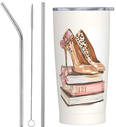 VOSERY Botella de agua de 20 onzas con tapa y popote, elegantes tacones altos en libros, vaso aislado de acero inoxidable, taza de café de viaje, vaso personalizado