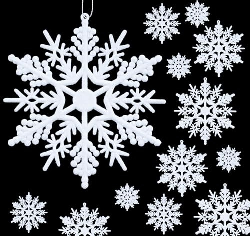 Anstore 56 Stück Schneeflocken Weihnachten Deko, Weihnachtsbaumschmuck Anhänger, Glitzernde Kunststoffornamente in Verschiedenen Größen, Christbaumschmuck Weiß