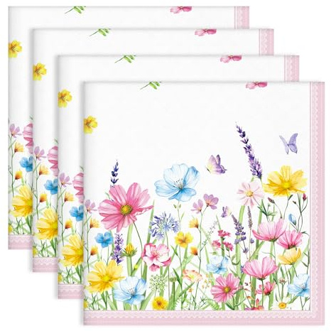 Arquiel Wildflower Napkins, 45 cm x 45 cm Butterfly Dinner Cloth Napkins Set of 4, Washable Cotton Soft Absorbent Square Napkins for Dining Kitchen Party Wedding Decoration