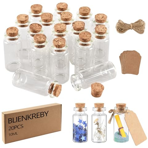 BLIENKREBY 20 Pezzi Vasetti Vetro Piccoli, 10ml bottigliette di vetro piccole, Bottiglie Vetro con Pendenti Etichette, Bomboniere Matrimonio per Regalo Feste Decorazione Matrimoni